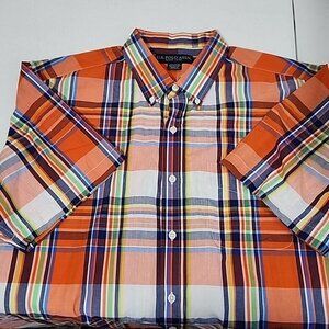 US Polo Button Down Shirt Mens Extra Large Orange Plaid Short Sleeve Cotton Blnd
